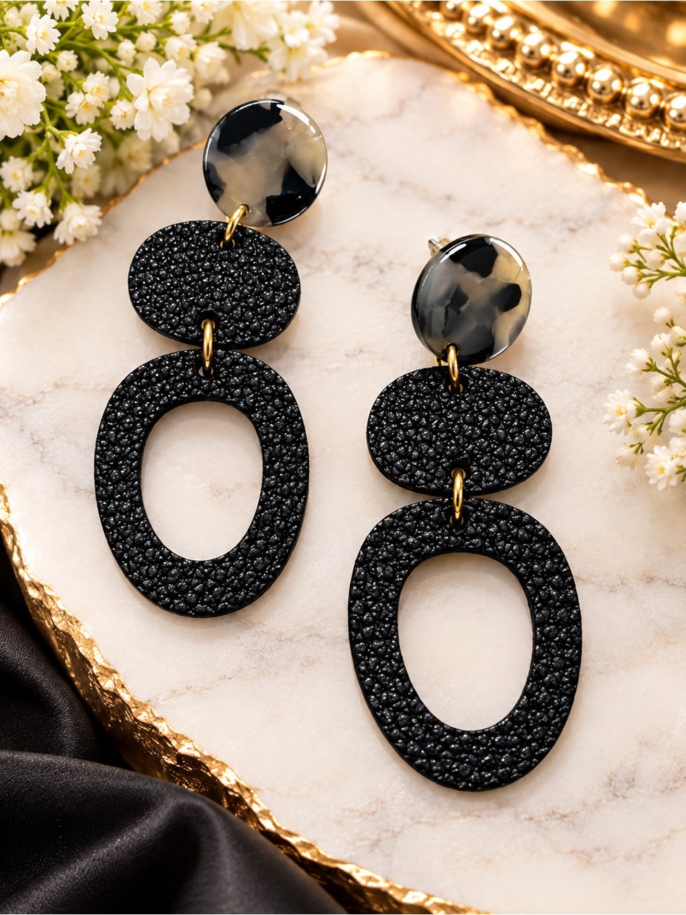 Black Textured Oval Drop Earrings with Tortoiseshell Top